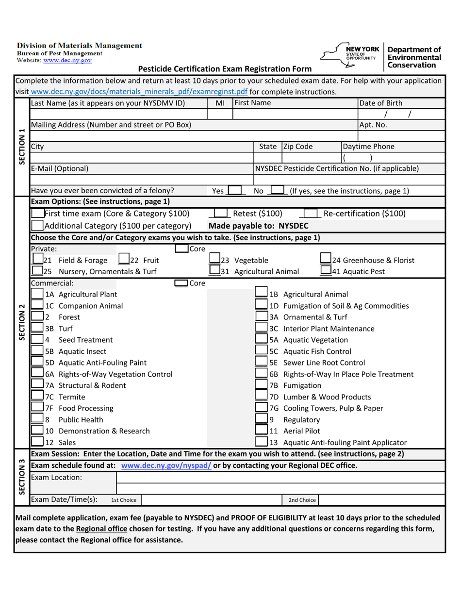 Pesticide Certification Exam Registration Form - New York, Page 1