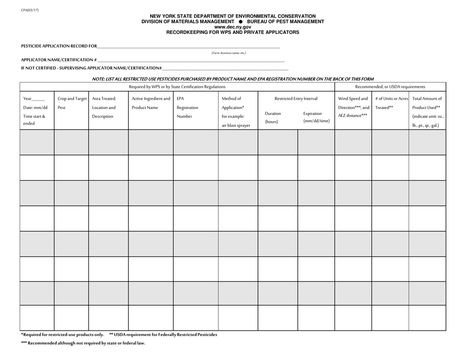 New York Recordkeeping for Wps and Private Applicators Fill Out, Sign