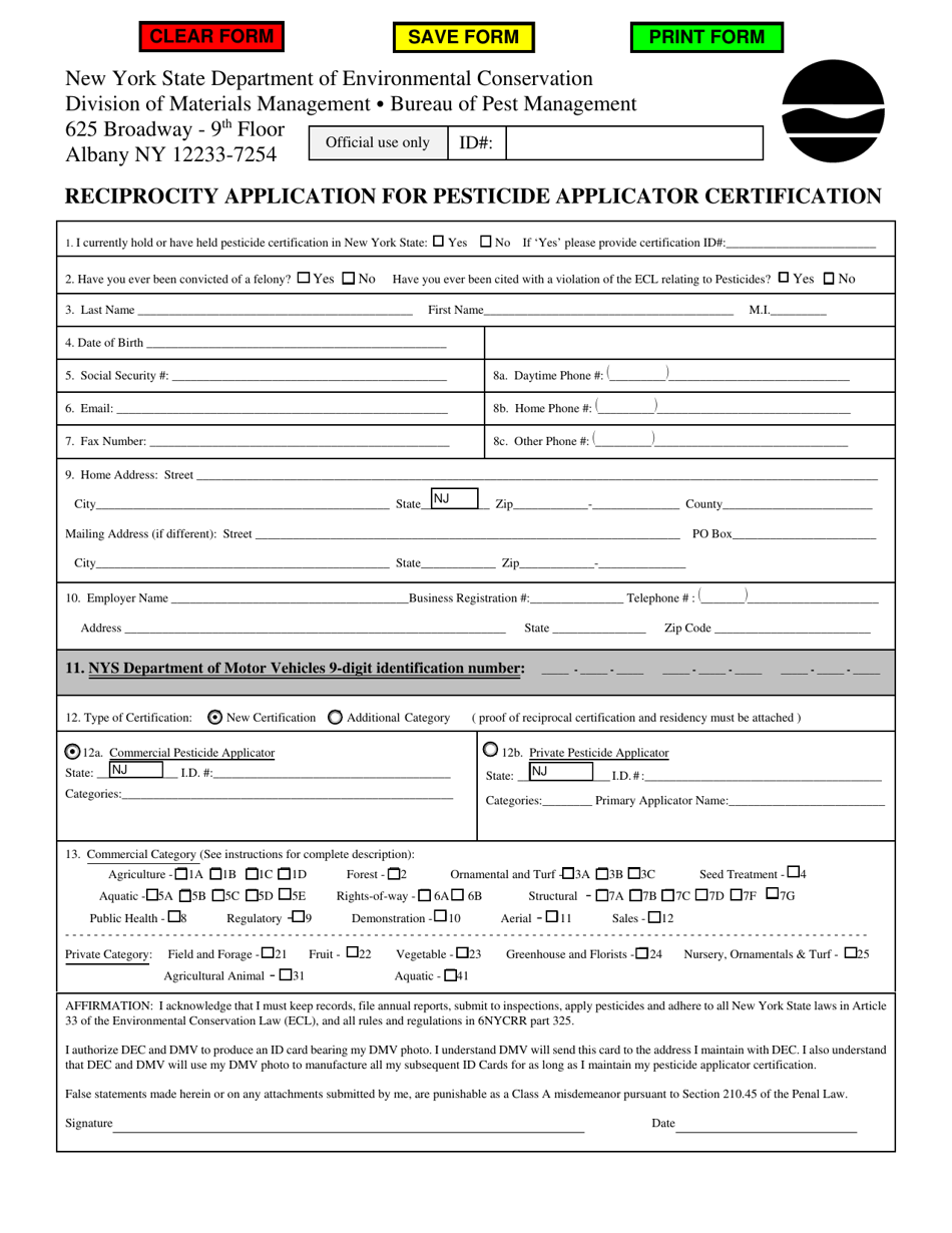 Reciprocity Application for Pesticide Applicator Certification - New York, Page 1