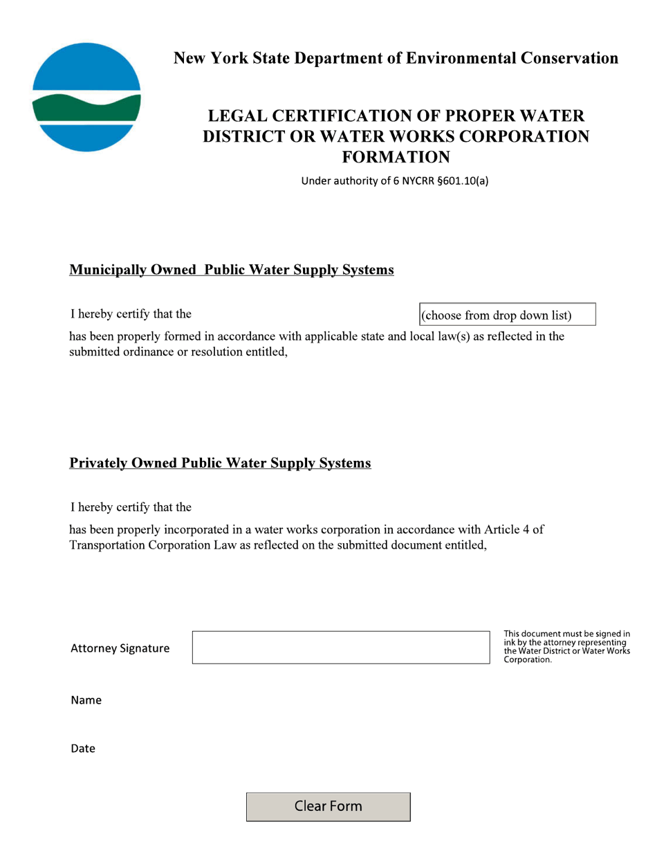 Legal Certification of Proper Water District or Water Works Corporation Formation - New York, Page 1