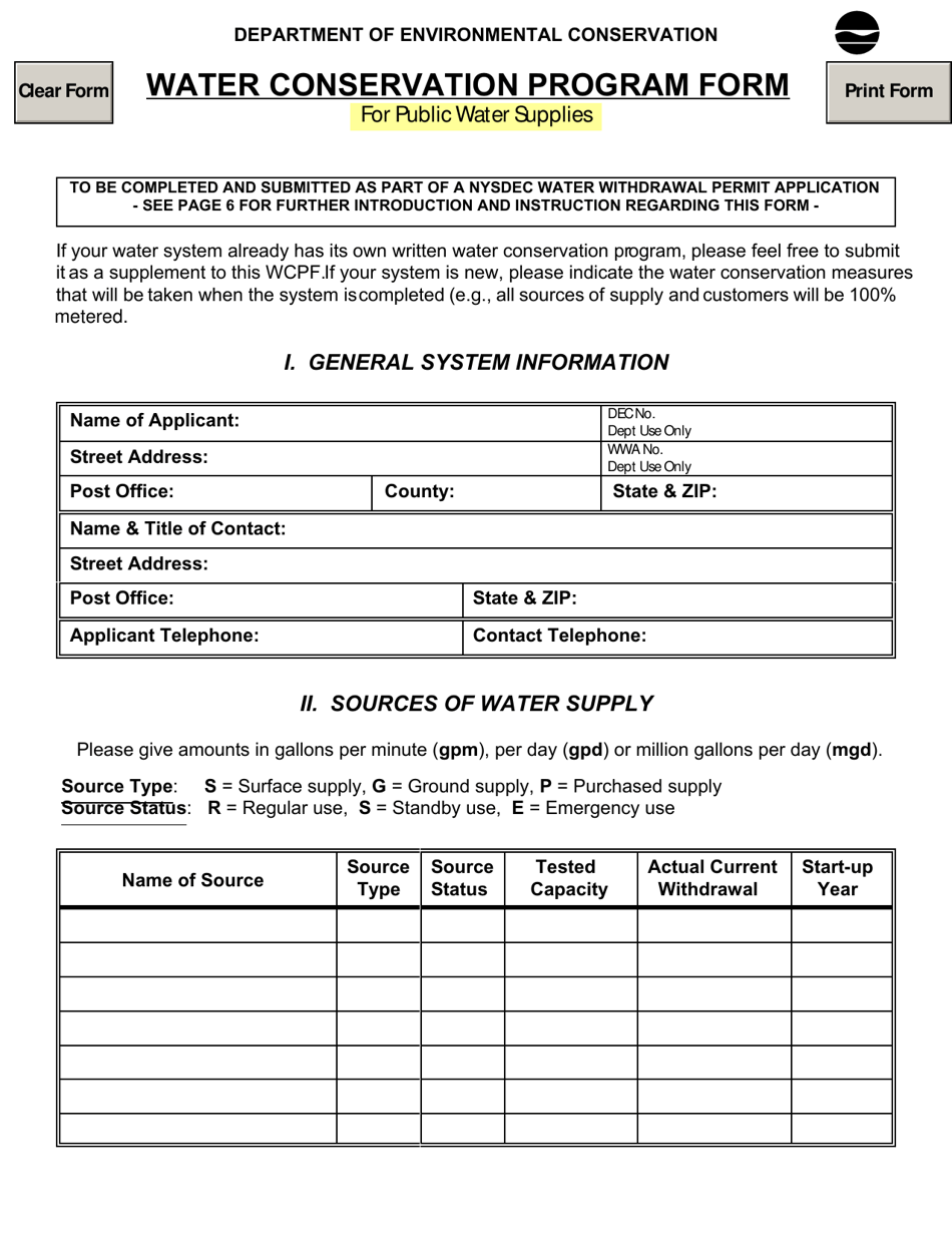 Water Conservation Program Form for Public Water Supplies - New York, Page 1