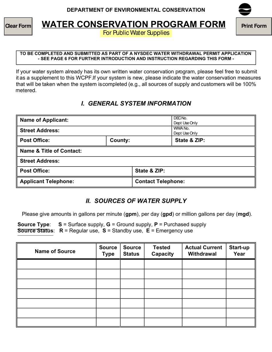 New York Water Conservation Program Form for Public Water Supplies