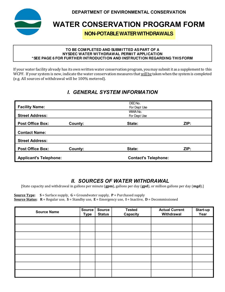Water Conservation Program Form for Non-potable Water Withdrawals - New York, Page 1