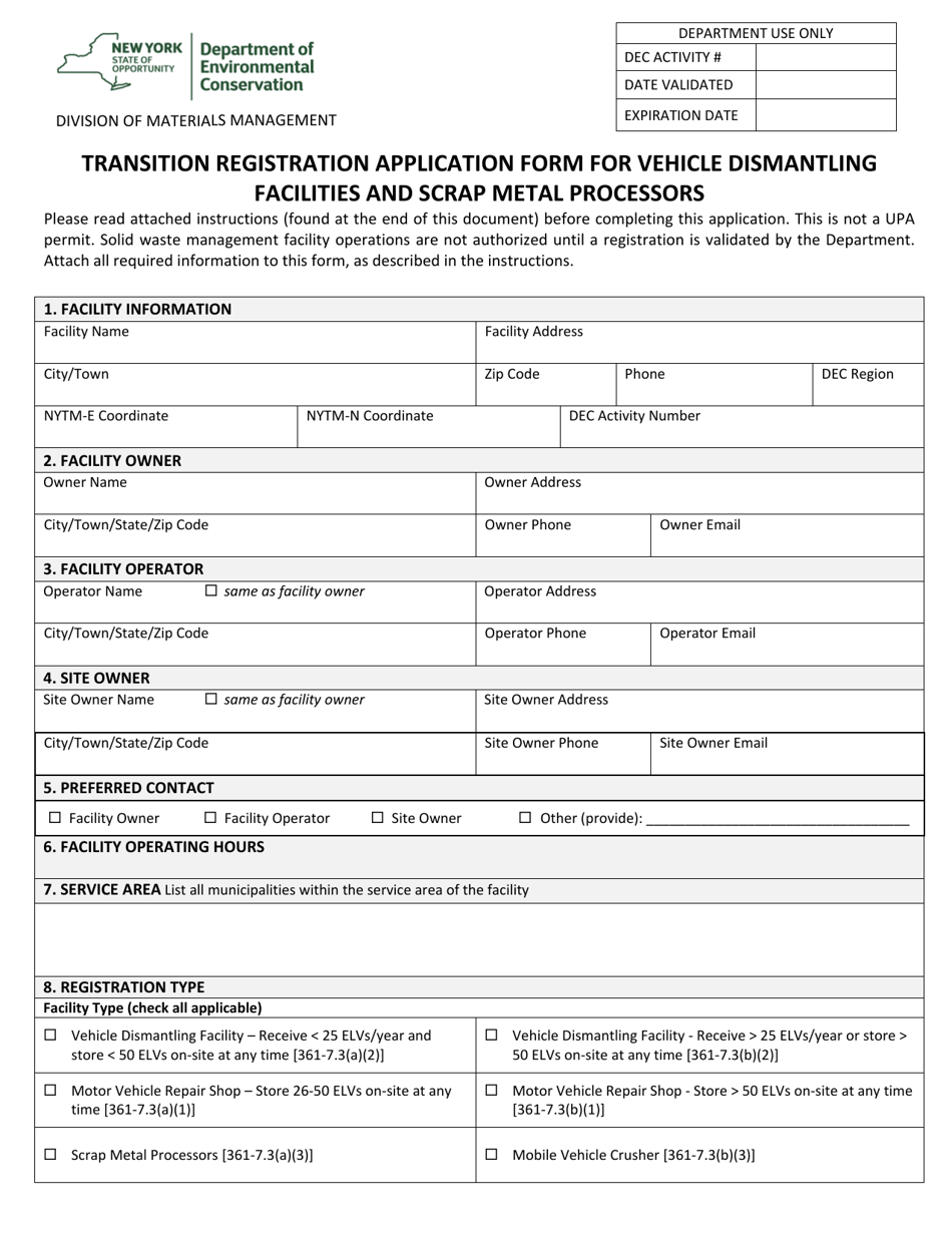 Transition Registration Application Form for Vehicle Dismantling Facilities and Scrap Metal Processors - New York, Page 1