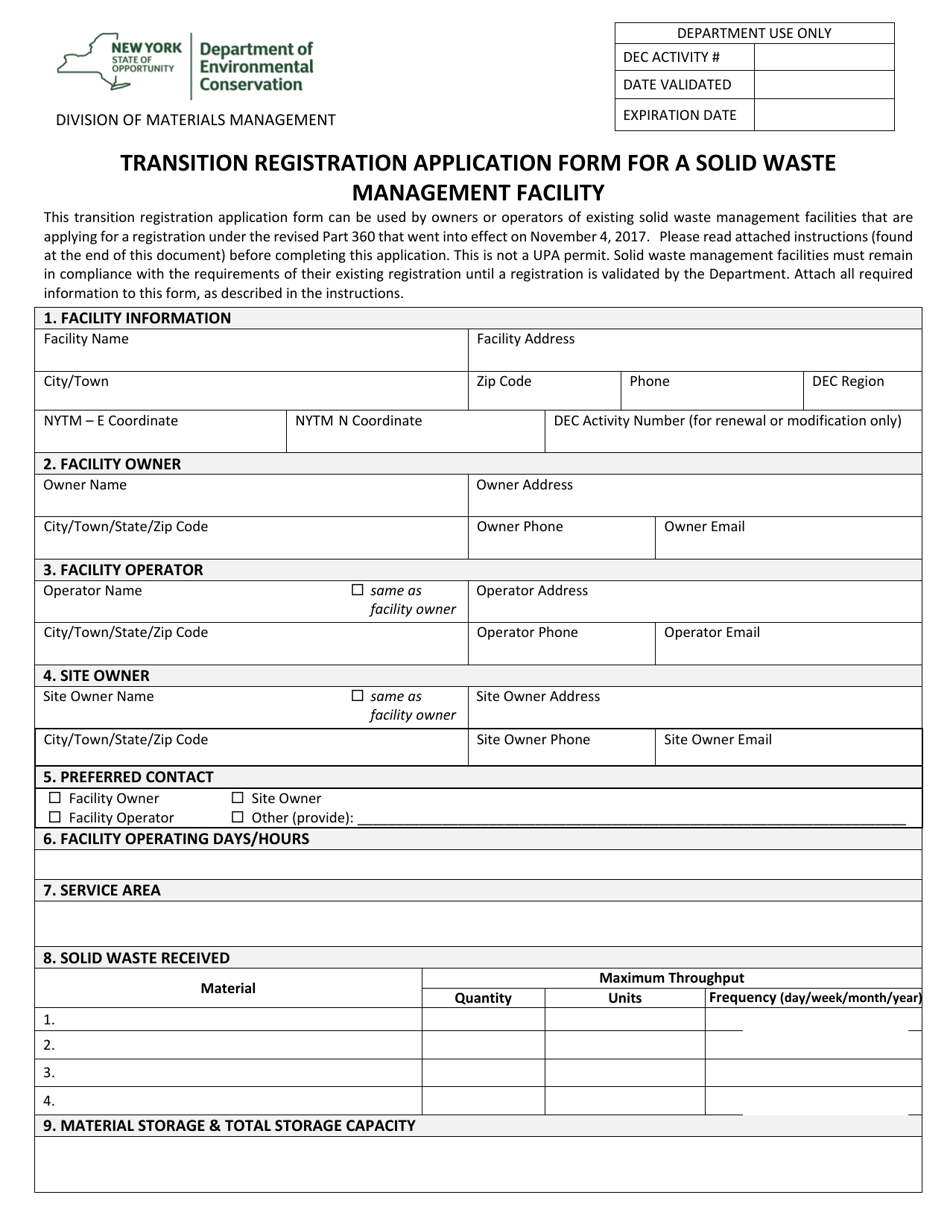 Transition Registration Application Form for a Solid Waste Management Facility - New York, Page 1