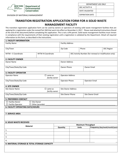 Transition Registration Application Form for a Solid Waste Management Facility - New York Download Pdf