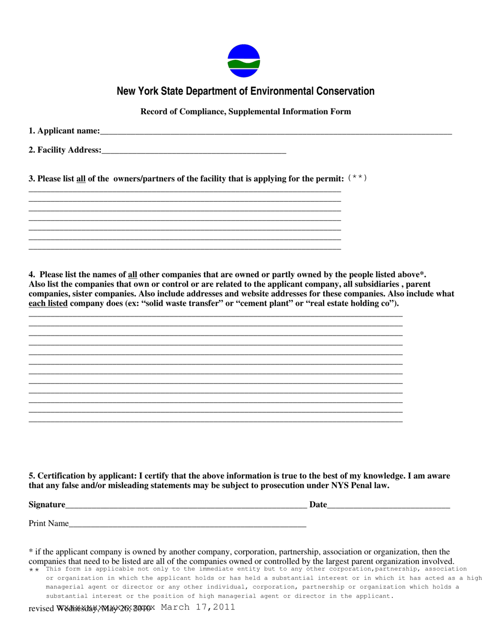 Record of Compliance, Supplemental Information Form - New York, Page 1