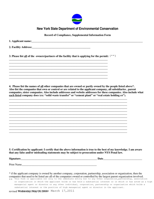 Record of Compliance, Supplemental Information Form - New York Download Pdf