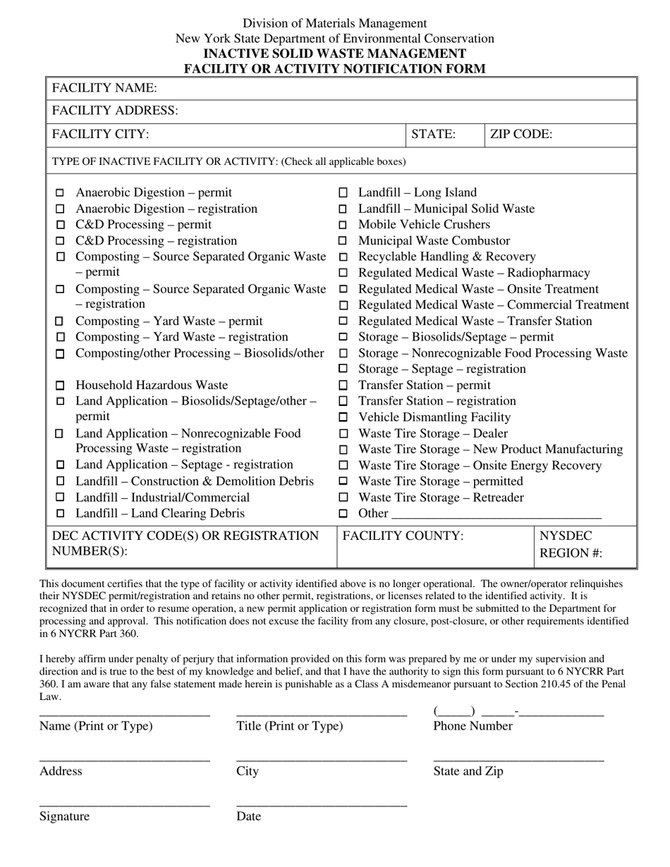 New York Inactive Solid Waste Management Facility or Activity