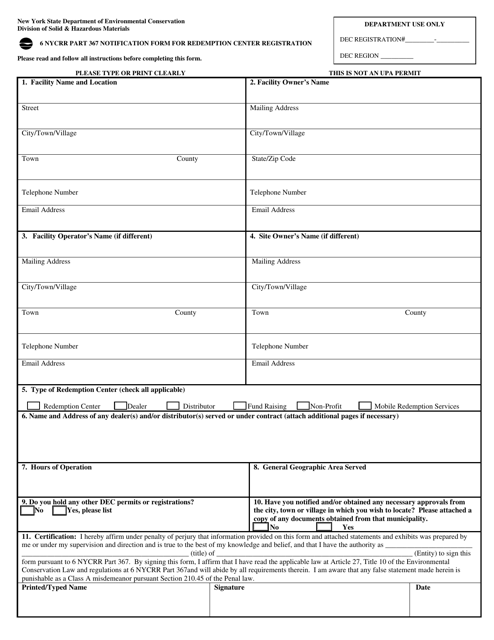 6 Nycrr Part 367 Notification Form for Redemption Center Registration - New York