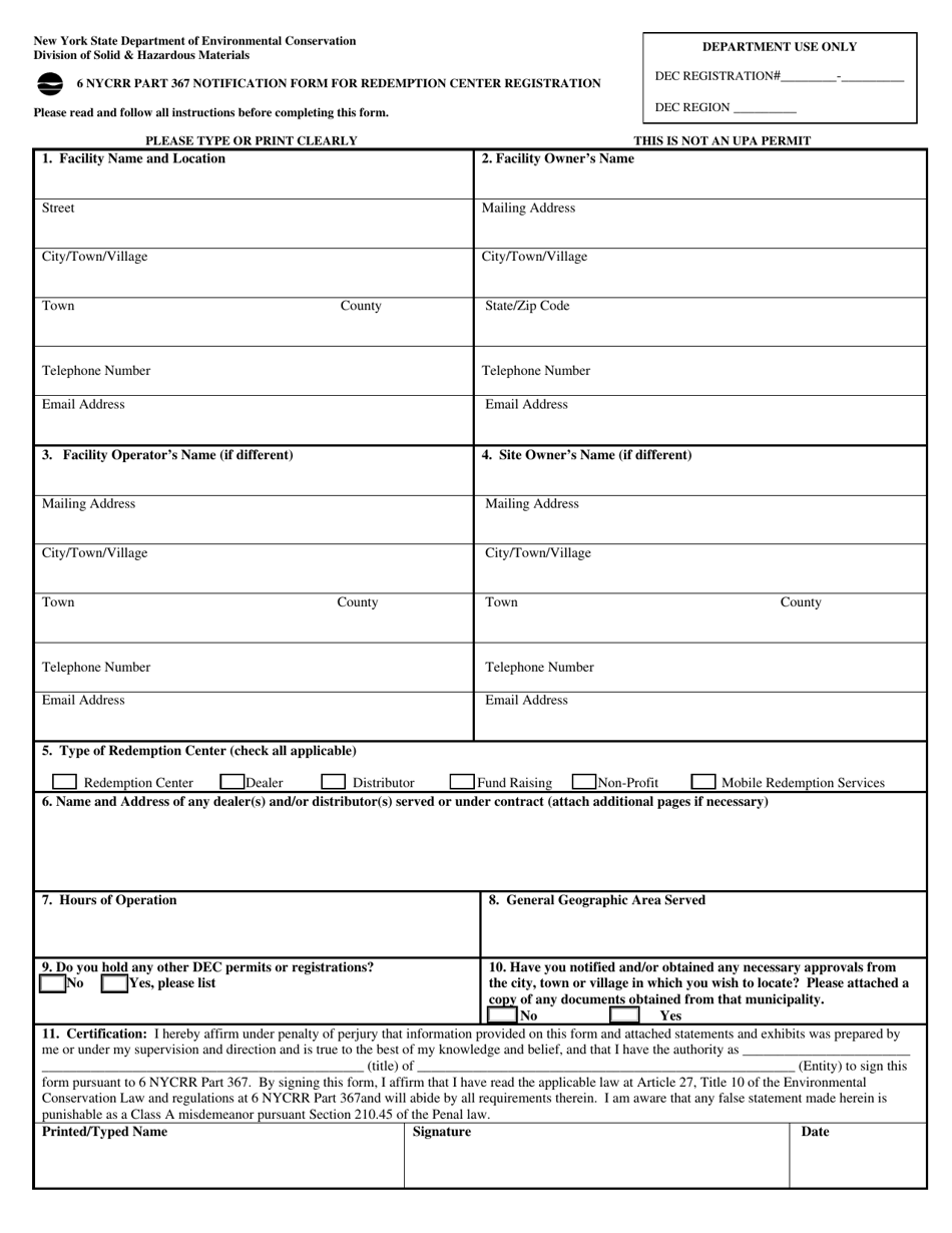 6 Nycrr Part 367 Notification Form for Redemption Center Registration - New York, Page 1