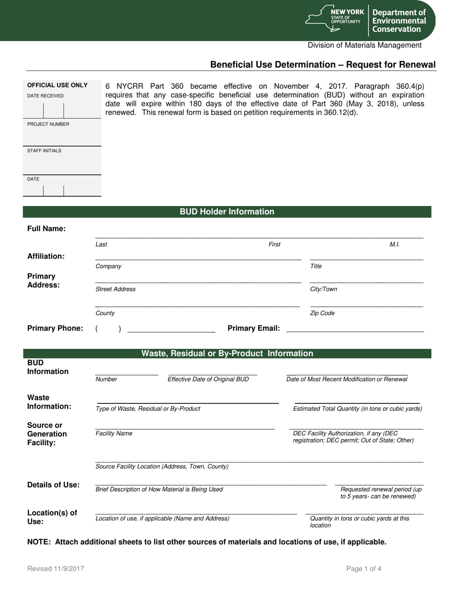 Beneficial Use Determination  Request for Renewal - New York, Page 1