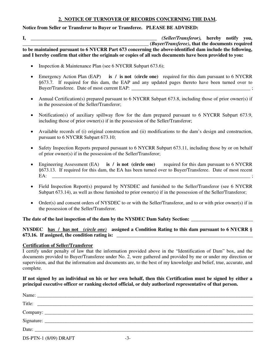 Form DS-PTN-1 Dam Safety - Form for Property Transfer Notices - Draft - New York, Page 3