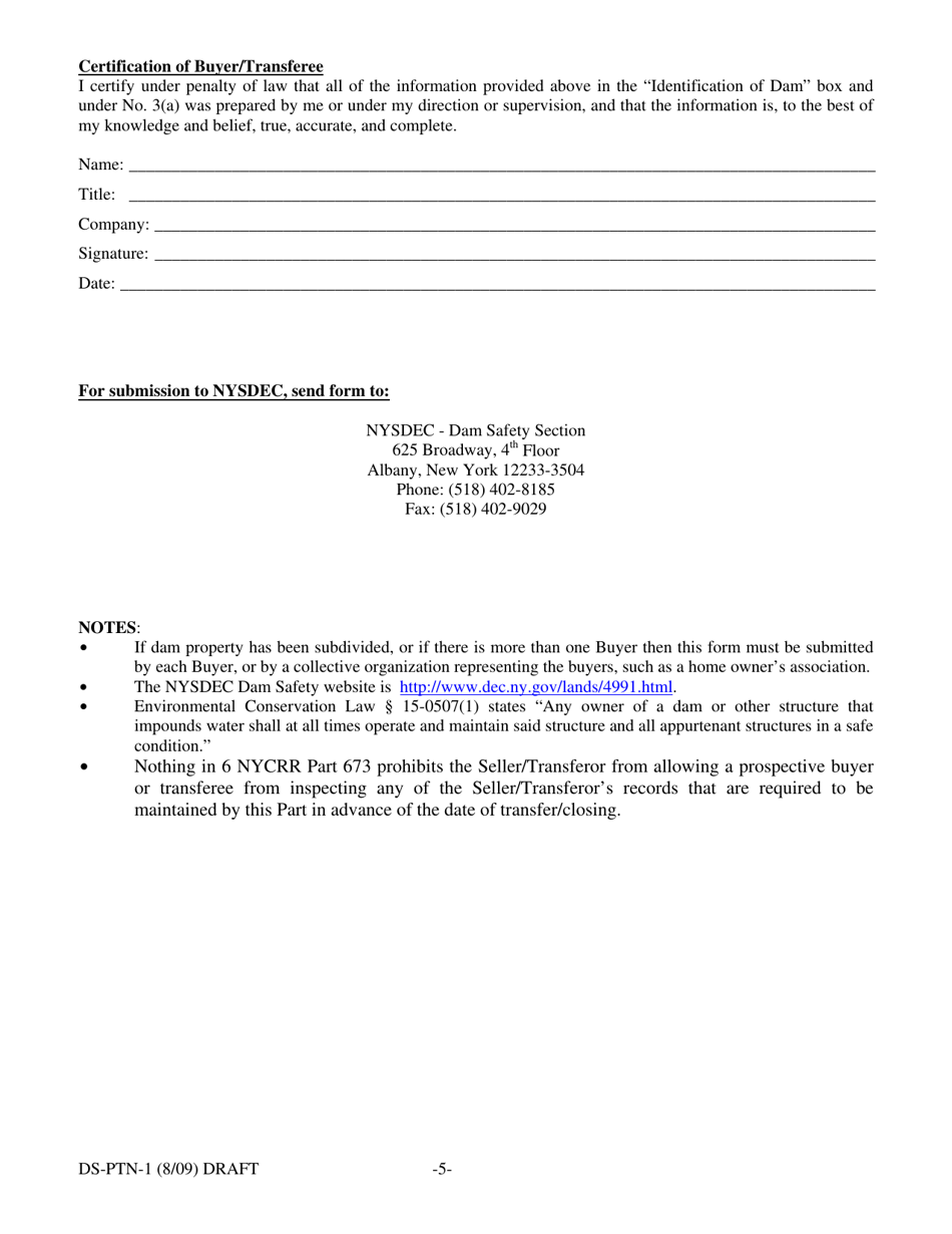 Form DS-PTN-1 Dam Safety - Form for Property Transfer Notices - Draft - New York, Page 5