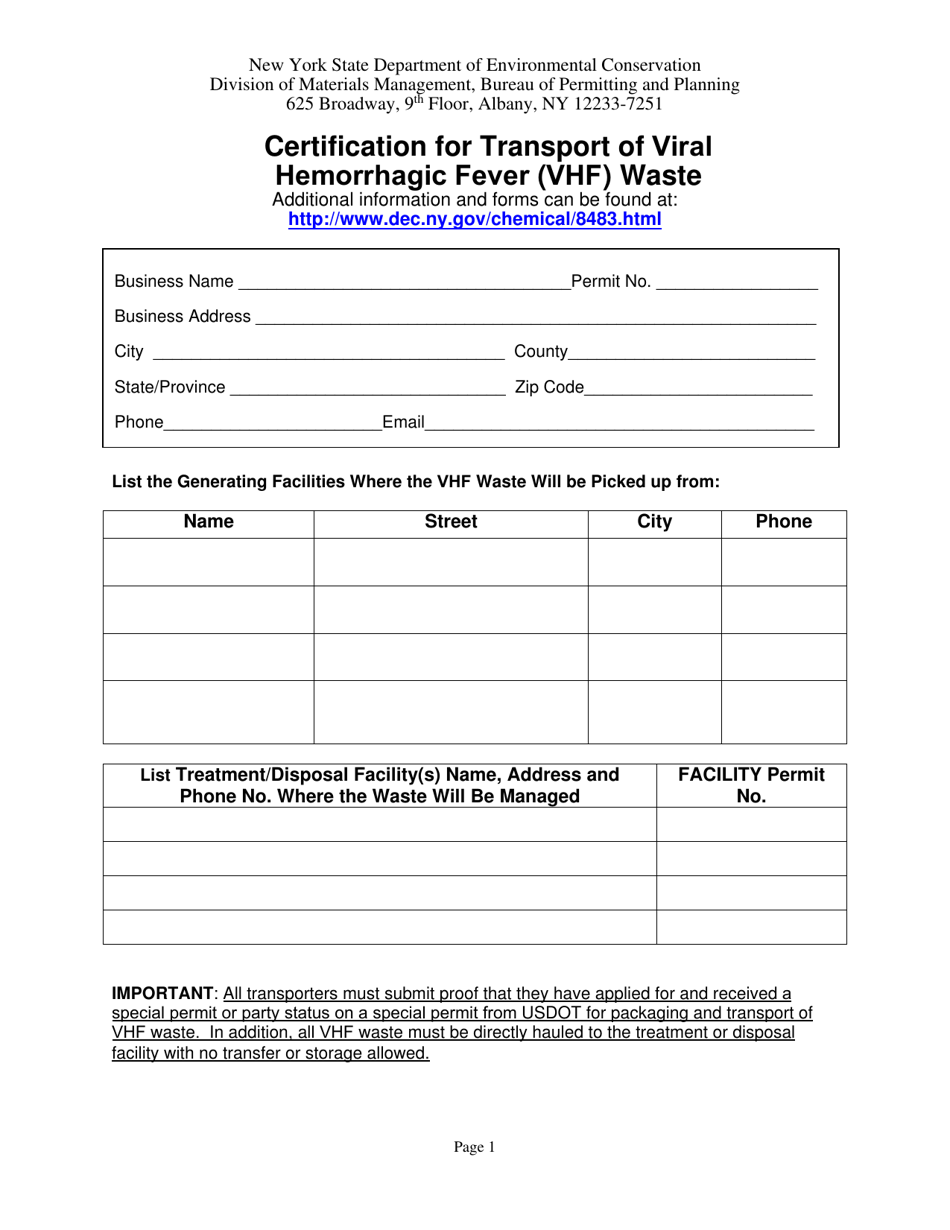 Certification for Transport of Viral Hemorrhagic Fever (Vhf) Waste - New York, Page 1