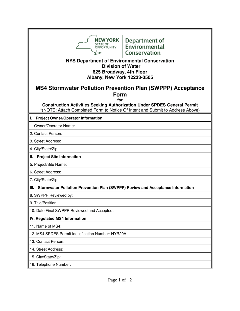 Ms4 Stormwater Pollution Prevention Plan (Swppp) Acceptance Form for Construction Activities Seeking Authorization Under Spdes General Permit - New York, Page 1