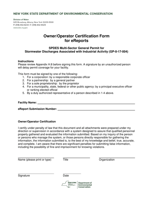 Owner/Operator Certification Form for Ereports - New York Download Pdf