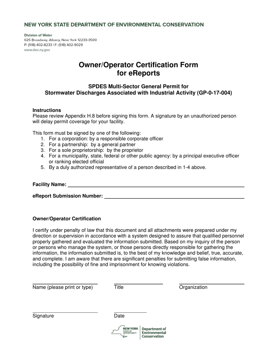 Owner/Operator Certification Form for Ereports - New York, Page 1