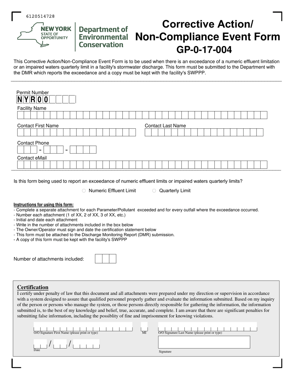 Msgp Corrective Action / Non-compliance Event Form - New York, Page 1