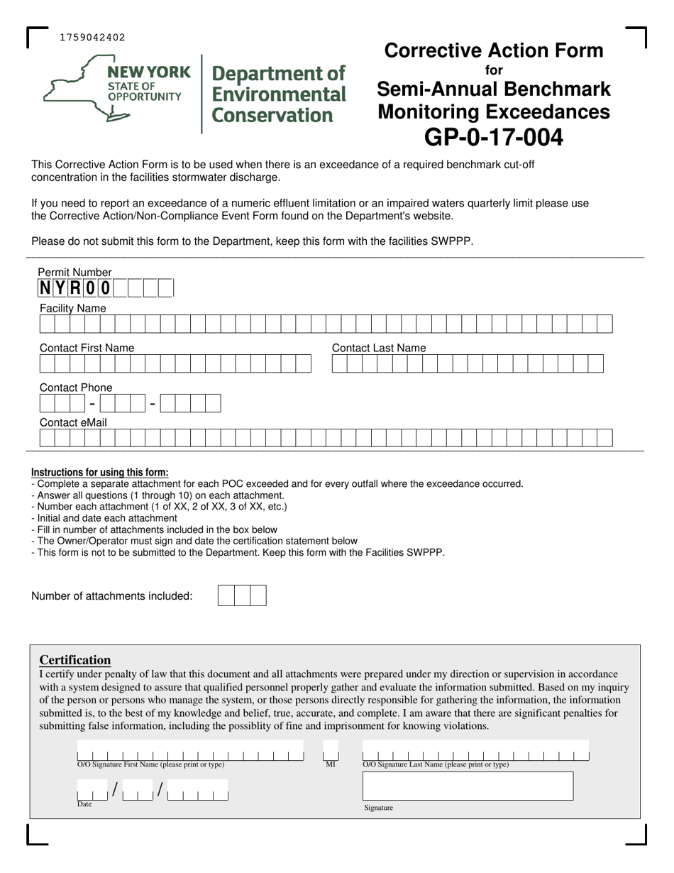 Corrective Action Form for Semi-annual Benchmark Monitoring Exceedances - New York, Page 1