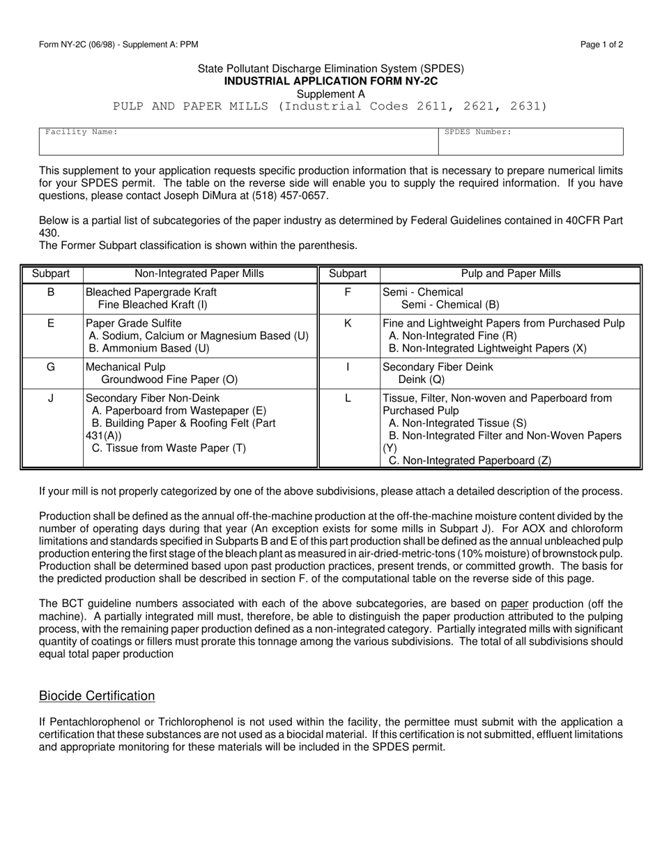 Form NY-2C Supplement A: PPM Pulp and Paper Mills - New York, Page 1