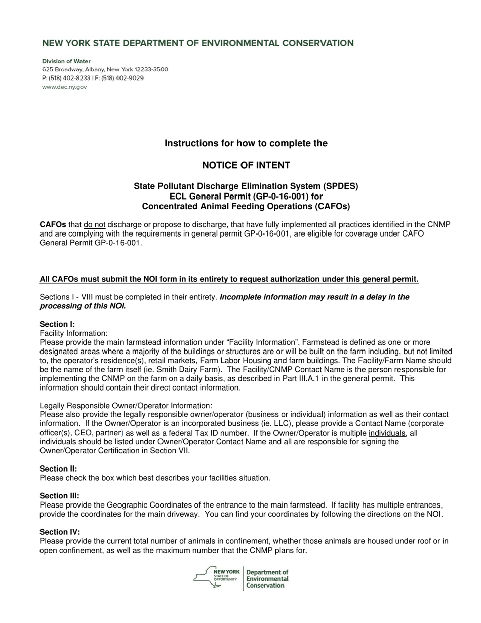State Pollutant Discharge Elimination System (Spdes) Ecl General Permit (Gp-0-16-001) for Concentrated Animal Feeding Operations (Cafos) Notice of Intent - New York, Page 1