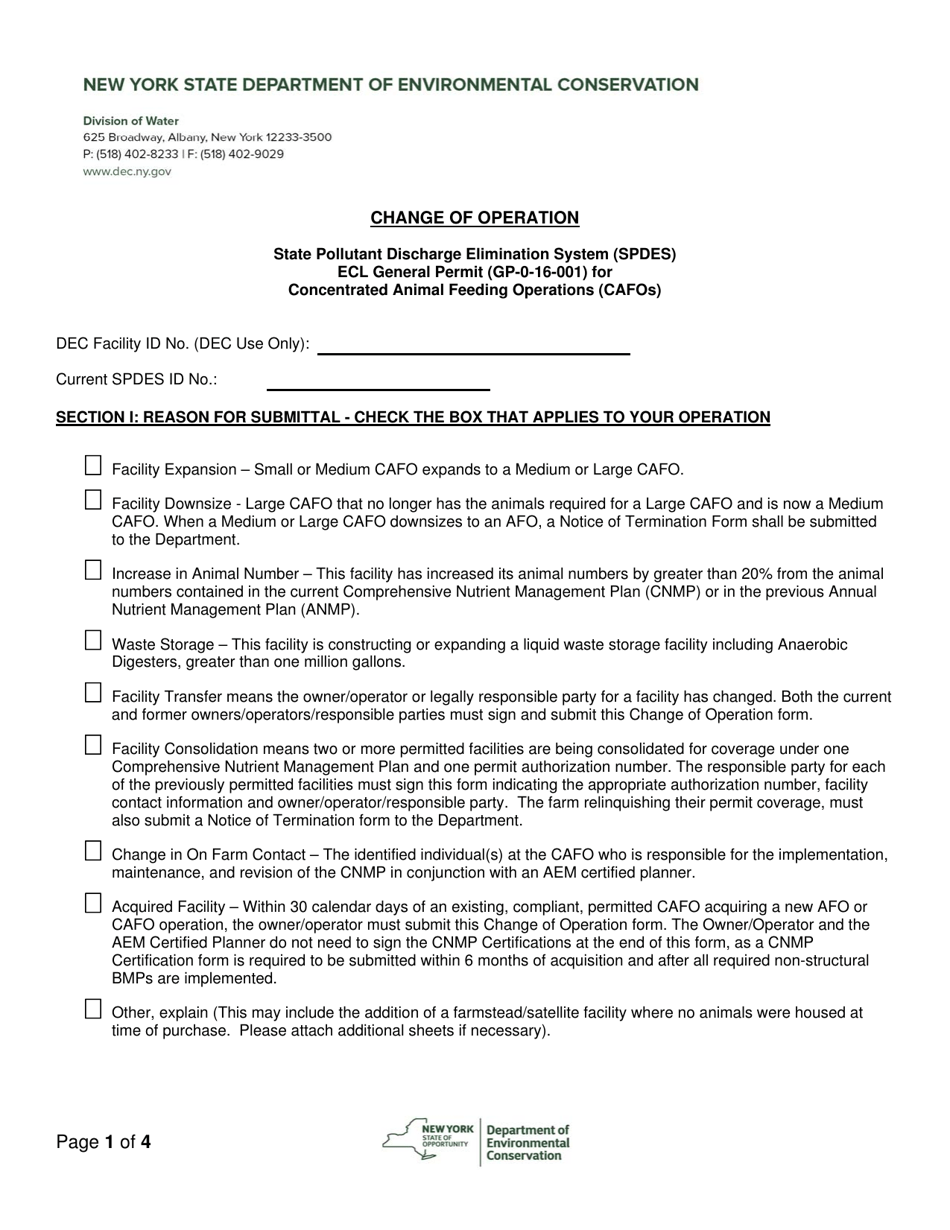 State Pollutant Discharge Elimination System (Spdes) Ecl General Permit (Gp-0-16-001) for Concentrated Animal Feeding Operations (Cafos) Change of Operation - New York, Page 1