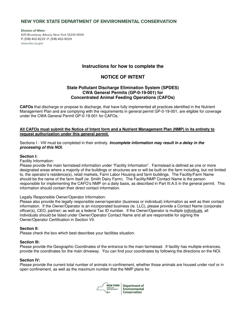 State Pollutant Discharge Elimination System (Spdes) Cwa General Permits (Gp-0-19-001) for Concentrated Animal Feeding Operations (Cafos) Notice of Intent - New York, Page 1