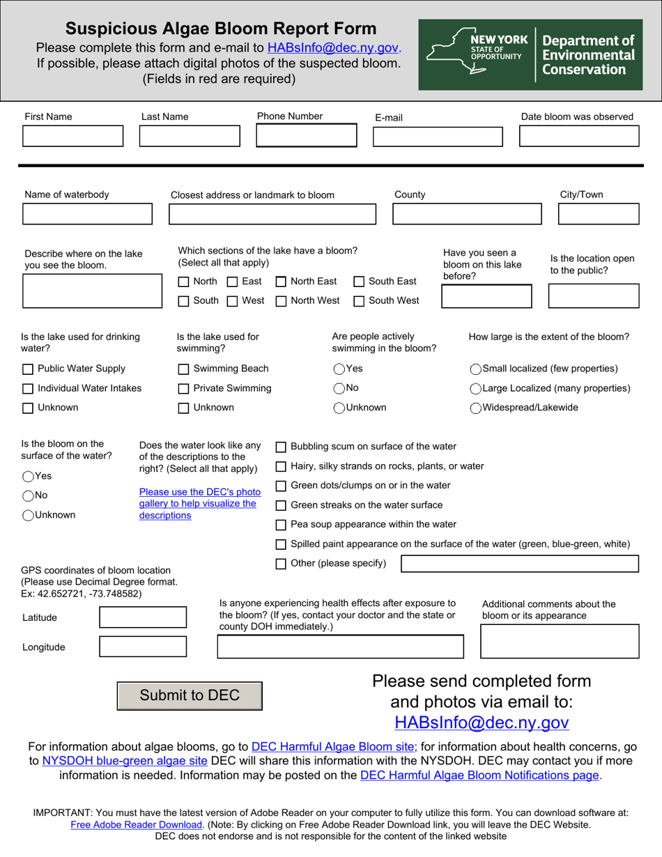New York Suspicious Algae Bloom Report Form - Fill Out, Sign Online and ...