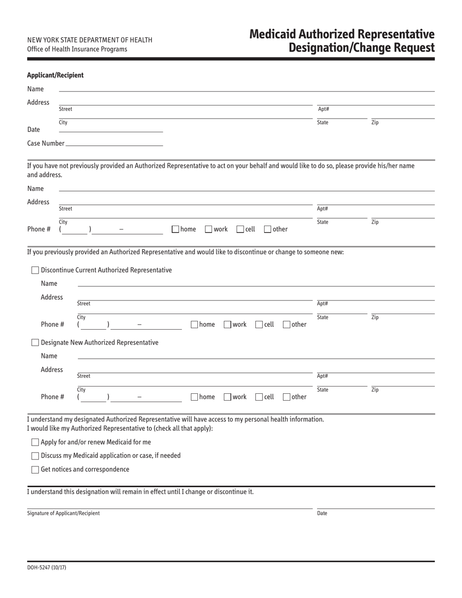 Form DOH-5247 Medicaid Authorized Representative Designation / Change Request - New York, Page 1