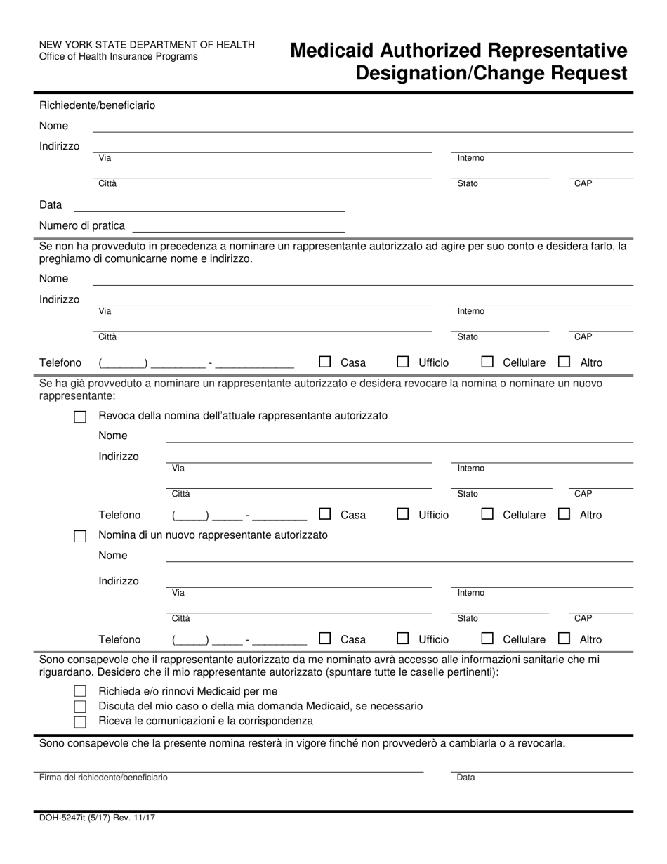 Form DOH-5247IT Medicaid Authorized Representative Designation / Change Request - New York (Italian), Page 1