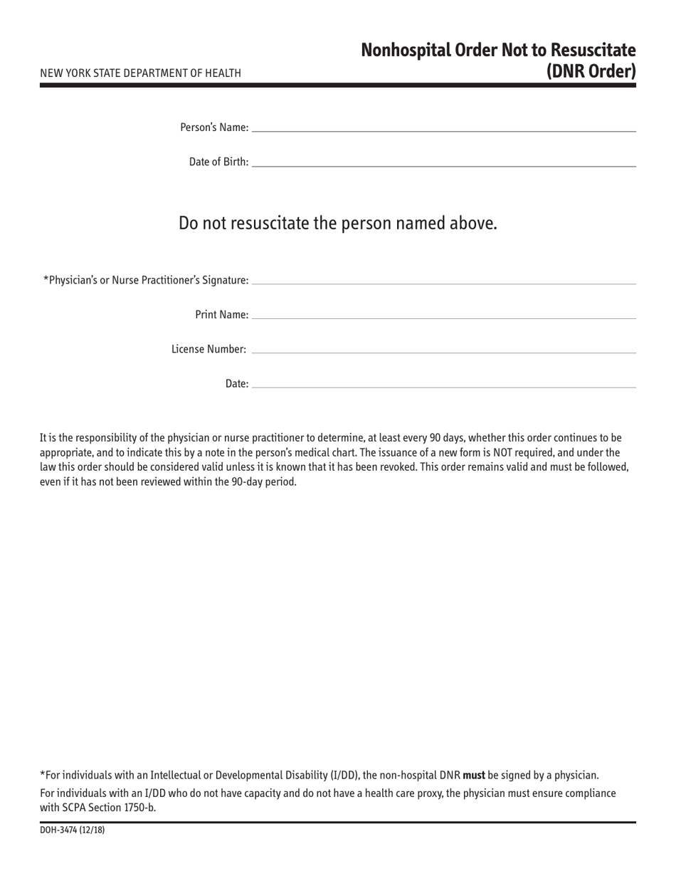 Form DOH-3474 Nonhospital Order Not to Resuscitate (DNR Order) - New York, Page 1