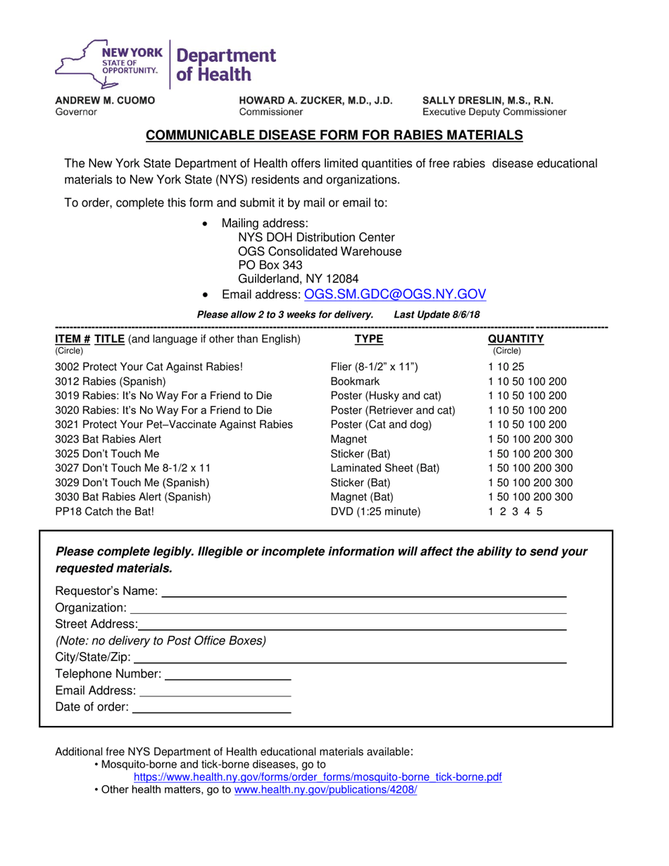 Communicable Disease Form for Rabies Materials - New York, Page 1