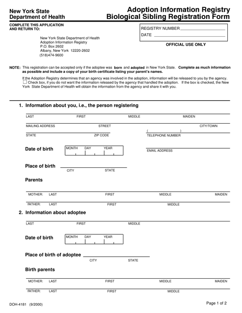 Form DOH-4181 Adoption Information Registry Biological Sibling Registration Form - New York