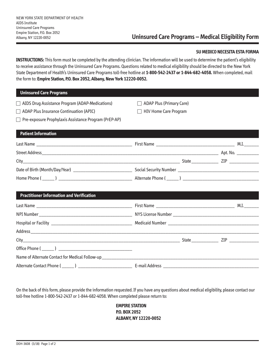 Form DOH-3608 Uninsured Care Programs - Medical Eligibility Form - New York, Page 1