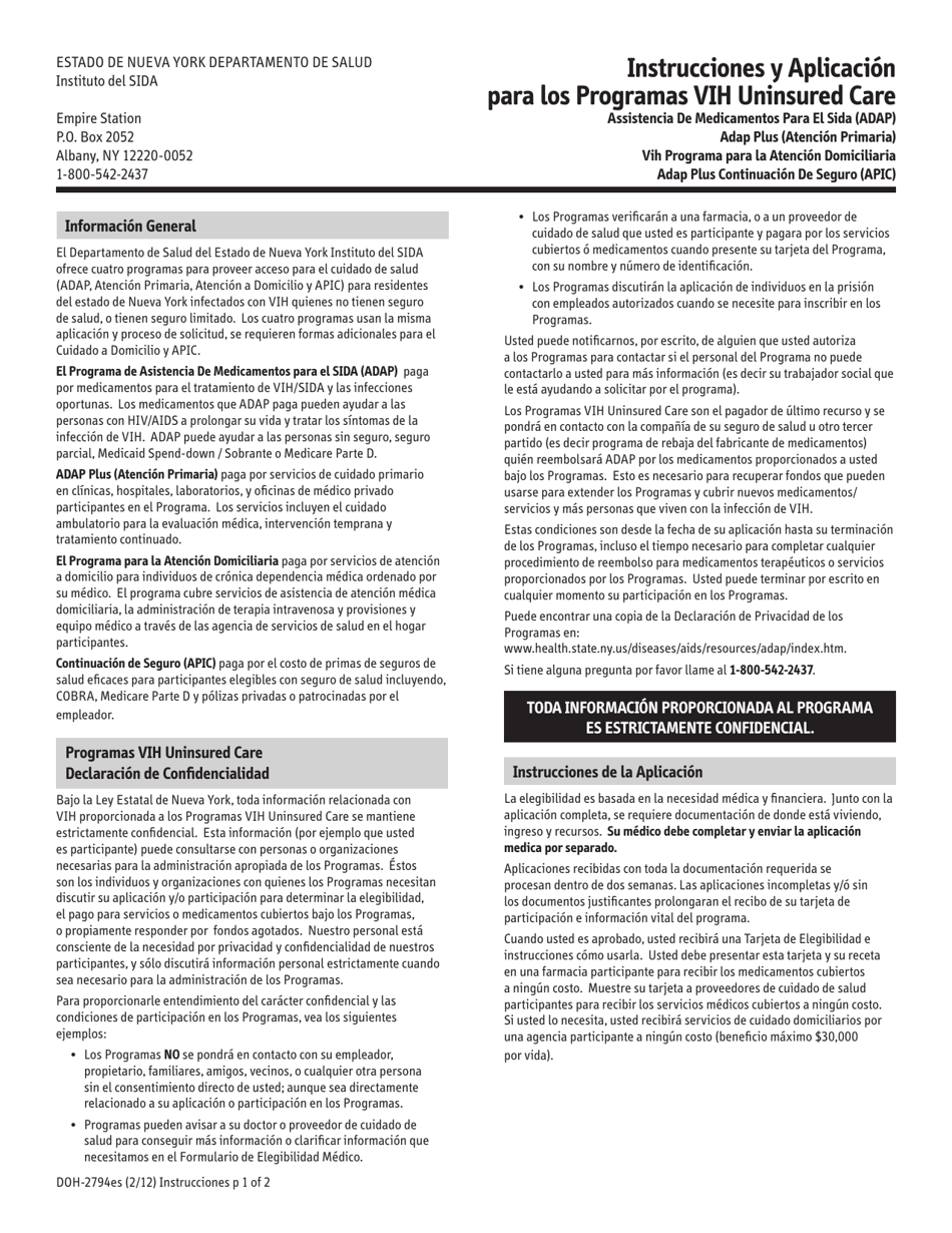 Formulario DOH-2794ES Aplicacion Programa Vih Uninsured Care - New York (Spanish), Page 1