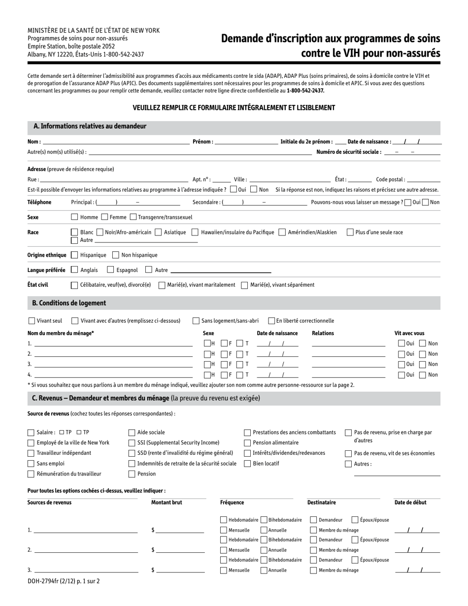 Form DOH-2794FR Application for the Uninsured Care Programs - New York (French), Page 3