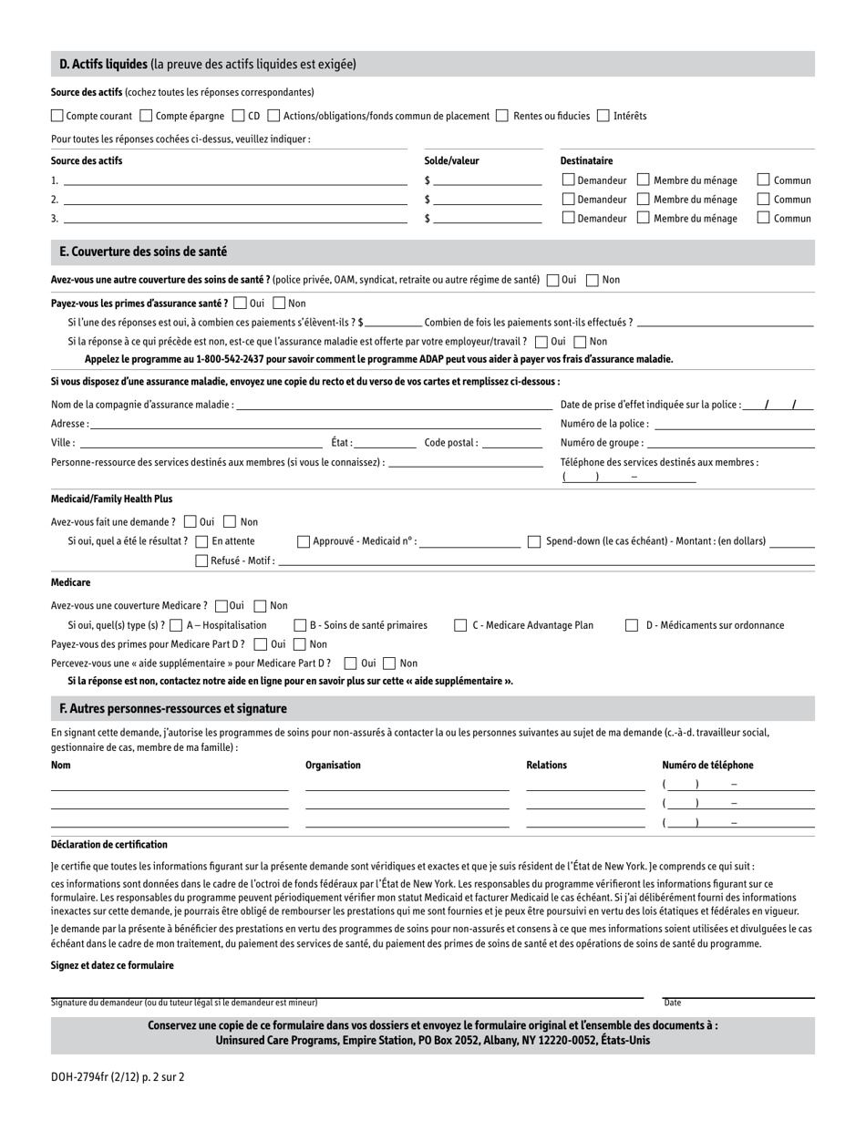 Form DOH-2794FR Application for the Uninsured Care Programs - New York (French), Page 4