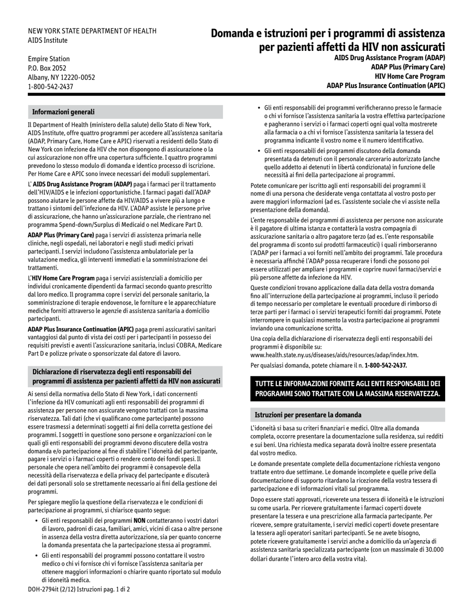 Form DOH-2794IT Application for the Uninsured Care Programs - New York (Italian), Page 1