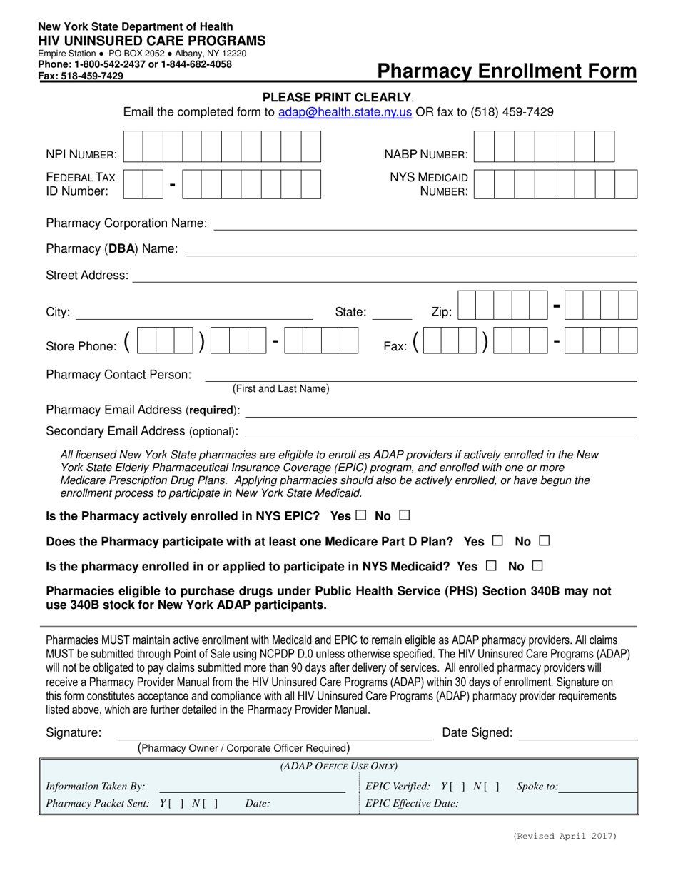 Pharmacy Enrollment Form - New York, Page 1