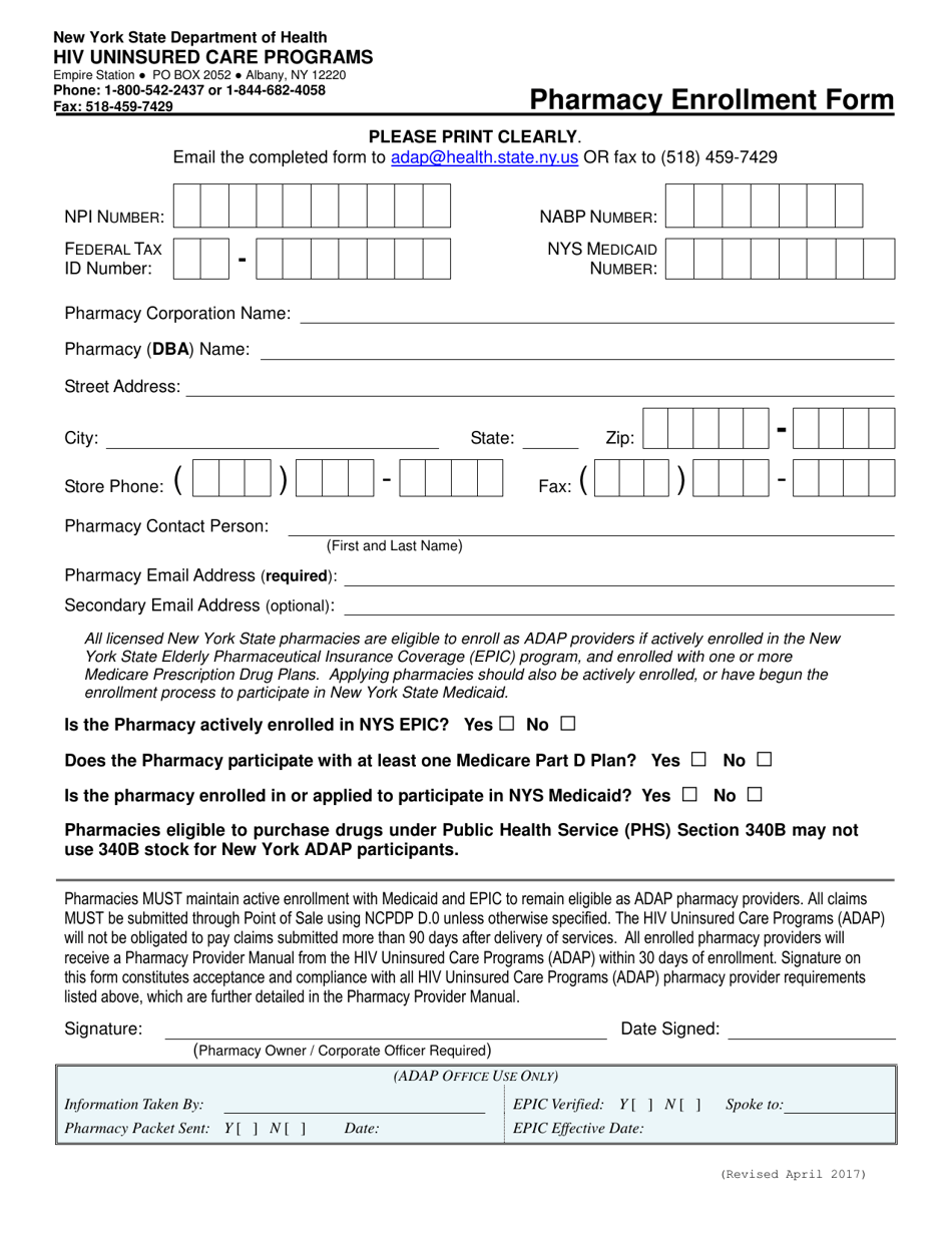 New York Pharmacy Enrollment Form Download Printable PDF Templateroller