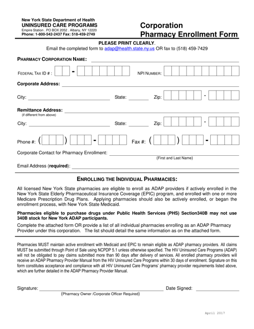 Corporation Pharmacy Enrollment Form - New York Download Pdf