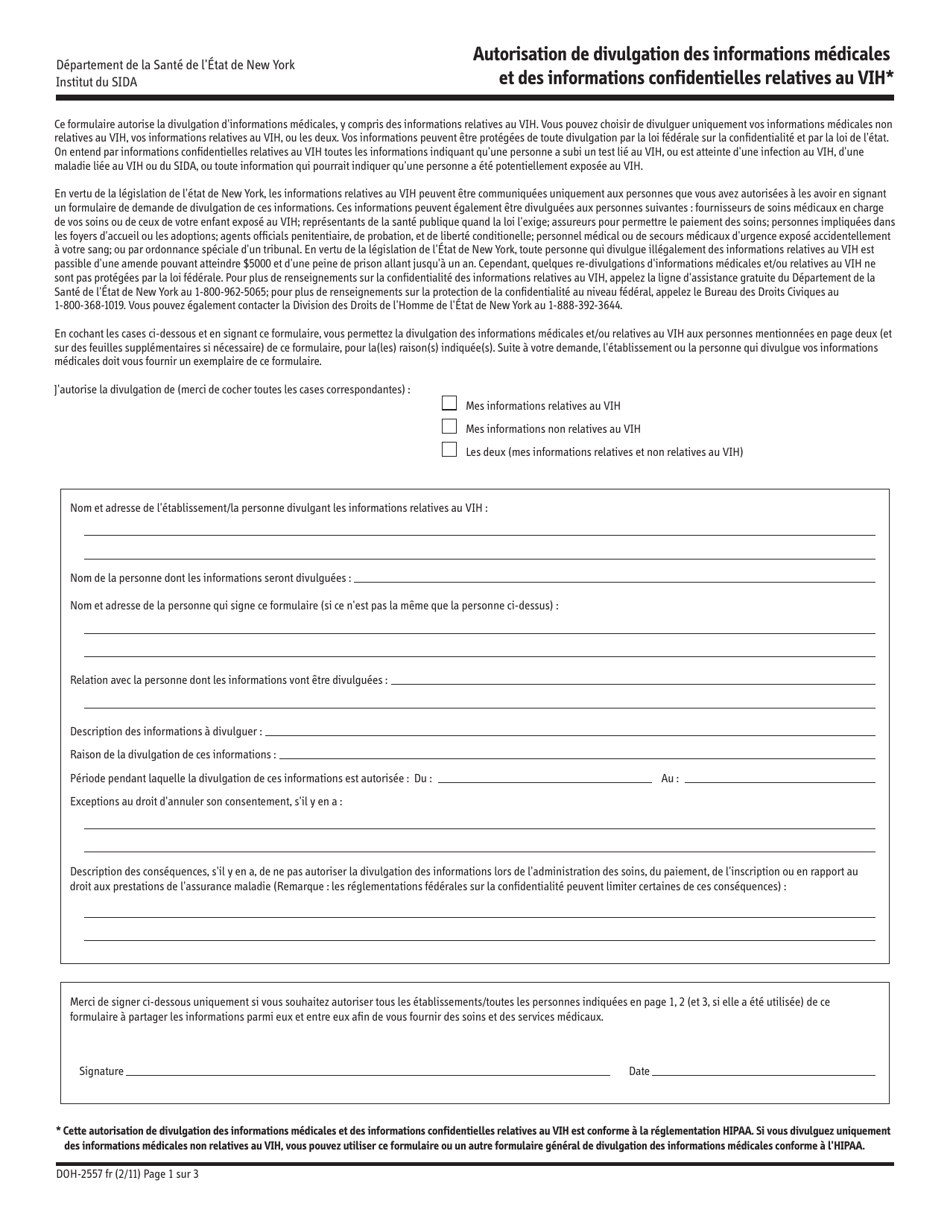 Form DOH-2557FR Authorization for Release of Health Information and Confidential HIV-Related Information - New York (French), Page 1