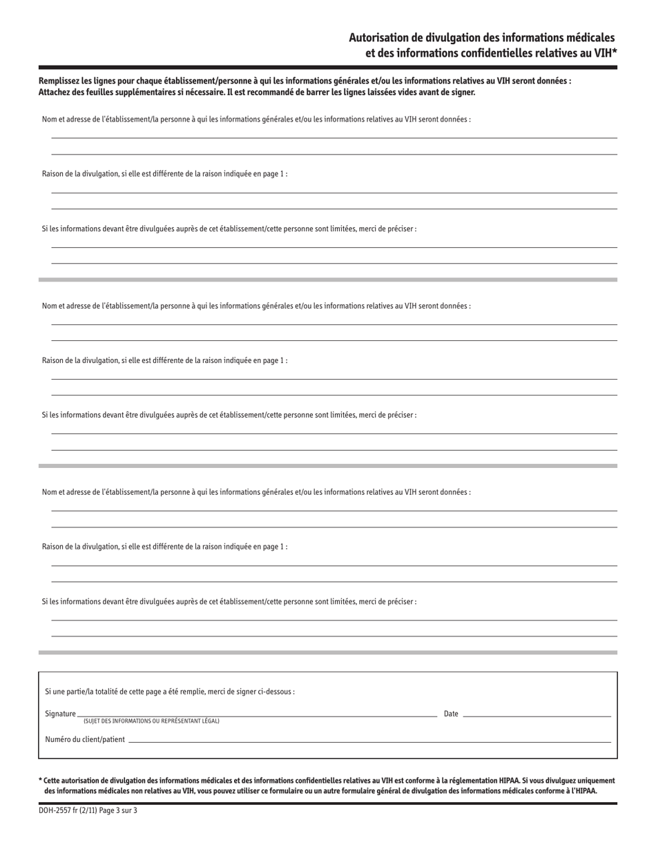 Form DOH-2557FR Authorization for Release of Health Information and Confidential HIV-Related Information - New York (French), Page 3