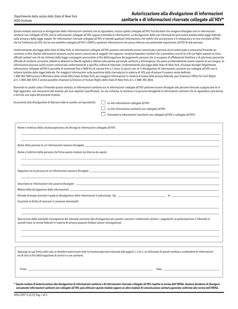 Form DOH-2557IT Authorization for Release of Health Information and Confidential HIV-Related Information - New York (Italian), Page 1
