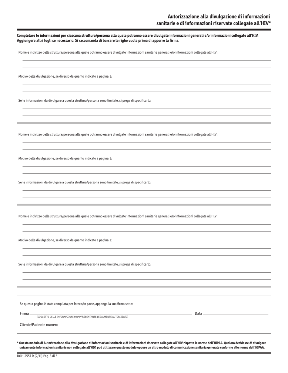 Form DOH-2557IT Authorization for Release of Health Information and Confidential HIV-Related Information - New York (Italian), Page 3