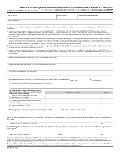 Form DOH-5032FR Authorization for Release of Health Information (Including Alcohol/Drug Treatment and Mental Health Information) and Confidential HIV/AIDS-Related Information - New York (French)