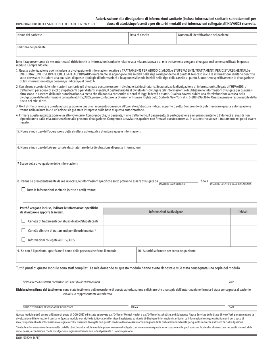 Form DOH-5032IT Authorization for Release of Health Information (Including Alcohol / Drug Treatment and Mental Health Information) and Confidential HIV / AIDS-Related Information - New York (Italian), Page 1