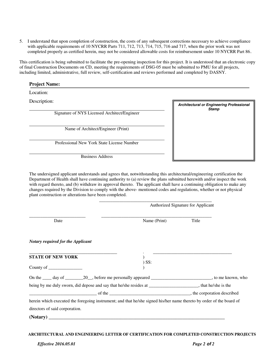 New York Completed Construction Certification Letter for Architects ...