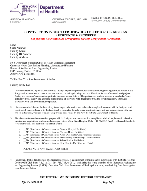 Construction Project Certification Letter for AER Reviews Architects & Engineers - New York Download Pdf
